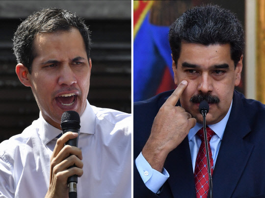 (COMBO) This combination of pictures created on January 25, 2019 shows Venezuela's National Assembly head Juan Guaido (L) speaking to opposition supporters at the Central University of Caracas (UCV) in Caracas, on January 21, 2019 and Venezuelan President Nicolas Maduro offering a press conference in Caracas, on January 25, 2019. - Venezuela's opposition leader and self-proclaimed "acting president" Juan Guaido stepped up his campaign to oust President Nicolas Maduro on January 25, 2019 calling for a "major demonstration" and rejecting an offer of talks with the socialist leader. (Photo by Yuri CORTEZ / AFP)
